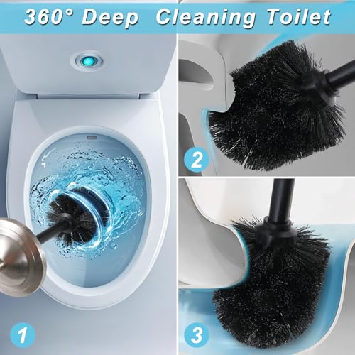 Image of Brushed Nickel Toilet Brush and Holder Set,304 Stainless Steel Toilet Bowl Brush and Holder for Bathroom,Silver Heavy Duty Toilet Brush,Durable Scrubbing Bristles,Splash Resistant,Long Handle