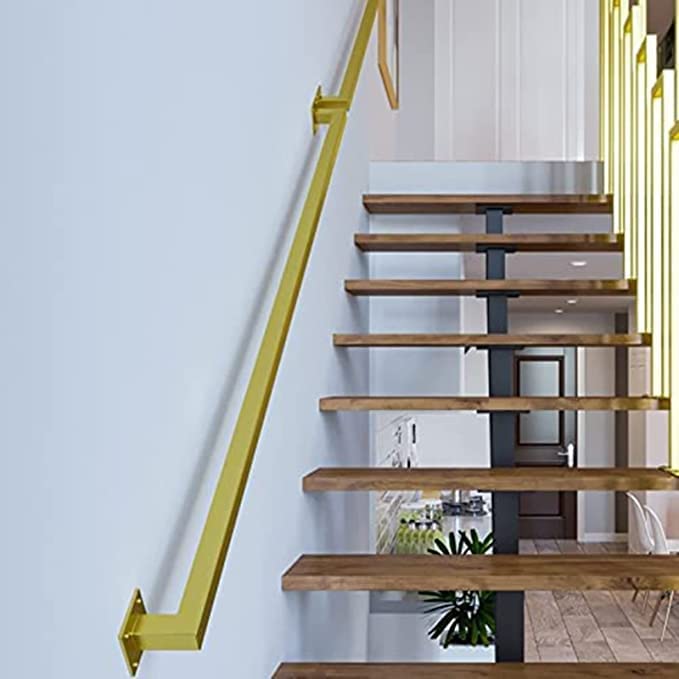 LQSYBHD Gold Metal Handrail for Indoor Stairs, Complete Kit, Kids Elderly Industrial Square Banister Rail, Wall Mounted Hand Railings(Size:150cm/4.9ft)