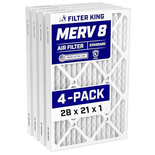 Filter King 28x21x1 Air Filter (MERV 8) (4-Pack) Dust & Allergy Control AC Furnace Filters, MADE IN USA, HVAC, Pleated, Electrostatic (Actual Size: 28 x 21 x .75)