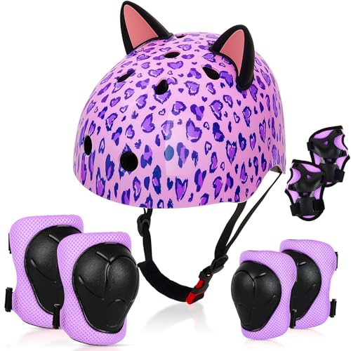 Kids Helmet, Bike Helmets for Kids 8-14 with Knee Pads and Elbow Pads Wrist Guards, Adjustable Youth Girls Bike Helmet with DIY Cat Ears Skateboard Helmet for Scooter Skating Cycling