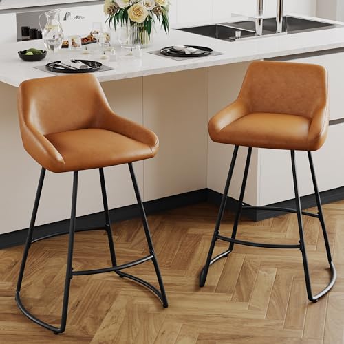 Butacos Alunaune de 30 pulgadas, set de 2 unidades, estilo mid century con tapizado en cuero sintético, sillas modernas para barra o isla de cocina con respaldo y patas metálicas - Marrón miniatura 1