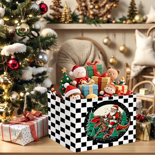 Image of Empty Large Christmas Basket for Gifts Women Collapsible Storage Bin Kids Toy Box Holiday Decor (Checkered Dinosaur)