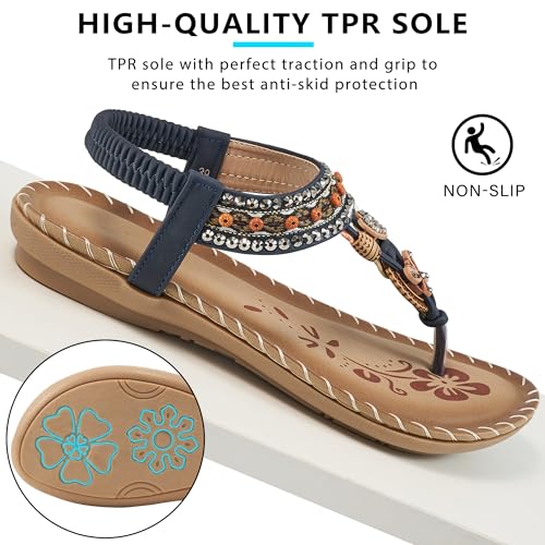 Image of Reimferce Sandals Women Dressy Flats: Comfortable Breathable Bohemian Flat Sandals - Anti-slip & Adjustable Strap for Summer Casual Flip Flops