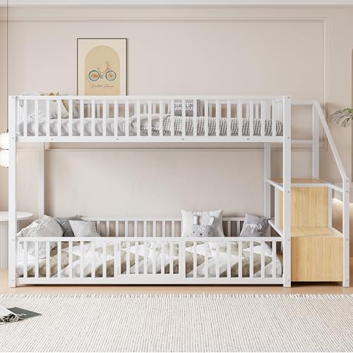 Image of Bellemave Metal Bunk beds Twin Over Twin with Guardrail and Storage Stairs, Floor bunk Bed with guardrail for Kids, White