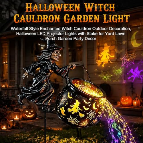 Caldero de bruja de Halloween para jardín con luces LED de cascada colorida 7
