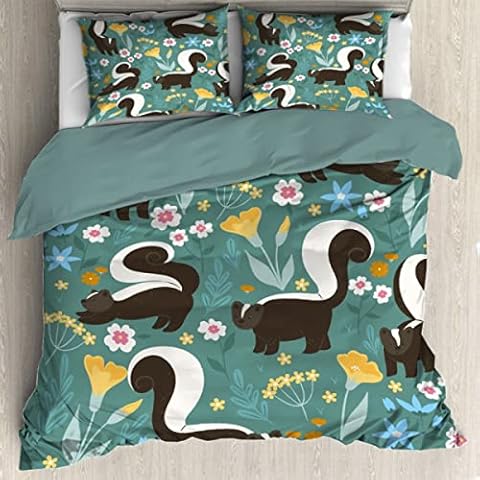 Avalokitesvara Cute Skunks and Flowers 3-Piece Bedding Set Comfortable All Season Family Easy-Care Microfiber Soft Extra Comfortable Bedding Set Twin 68 x 87in Cover