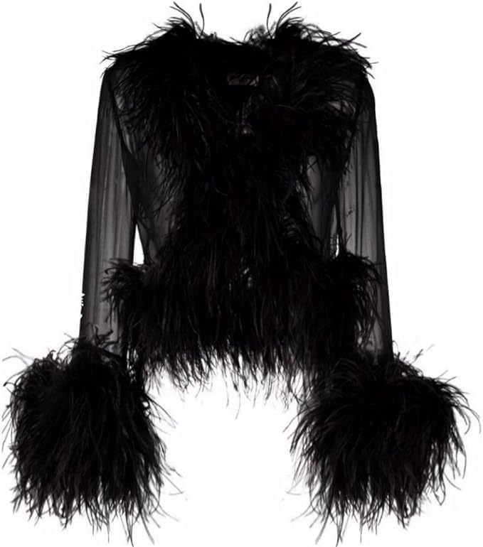 FE-19 See-Through Top with Real Feather Collar and Cuffs Silk Shirt for Women Sexy Girls Jacket