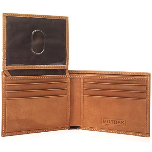 MUTBAK Citadel - RFID Blocking Bifold Wallet Passcase with Full Grain Leather and Flip Up ID (Durango)