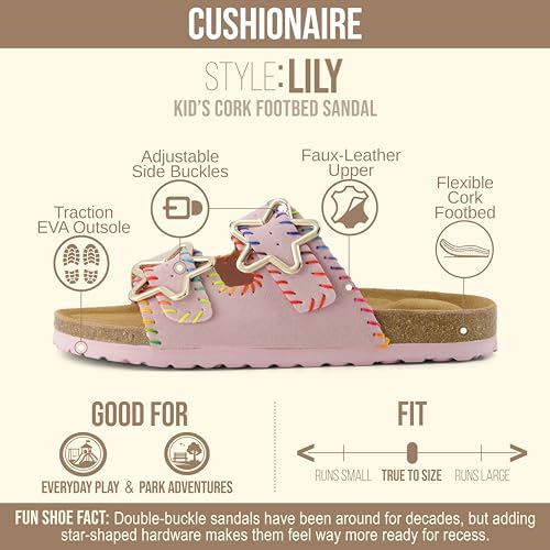 Image of CUSHIONAIRE Lily Girl Toddler Sandals with Adjustable Gold Tone Star Buckles and Cushioned Cork Footbed Slip On Girls Slides for Kids