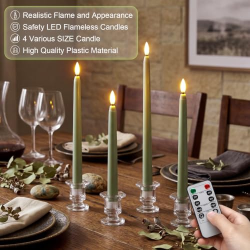 Image of Rossesay 16 Pcs Sage Green Flameless Taper Candles Battery Operated Candles with Remote Timer 8.5 inch 9.6 inch 10.8 inch 12.8 inch Multiple Sizes LED Flickering Candlestick for Wedding Party Centerpieces Decor