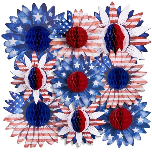 SUNBEAUTY 4th of July Patriotic Decorations Red White Blue Hanging Honeycomb Balls Independence Day Paper Honeycomb Flower for Memorial Day USA Flag Veterans 250th Anniversary Party Supplies