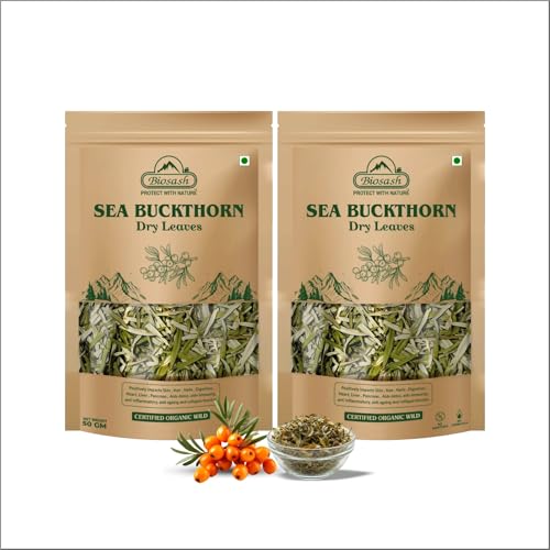 Image of Biosash Sea Buckthorn Dry Leaves 50g*2 | 100% Natural Herbal Tea Leaves for Wellness | Caffeine-Free Seabuckthorn Dry Leaf | Rich in Antioxidants & Nutrients | Herbal Infusion for Sugar management | 100 GM