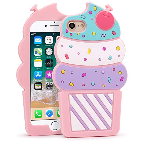 YONOCOSTA Cute iPhone SE 2022 Case, Ice Cream iPhone SE 2020 Cases, Cherry Cupcakes iPhone 6/ 6s/ 7/8 Case, Funny 3D Cartoon Soft Silicone Shockproof Cover for Girls Women Kids