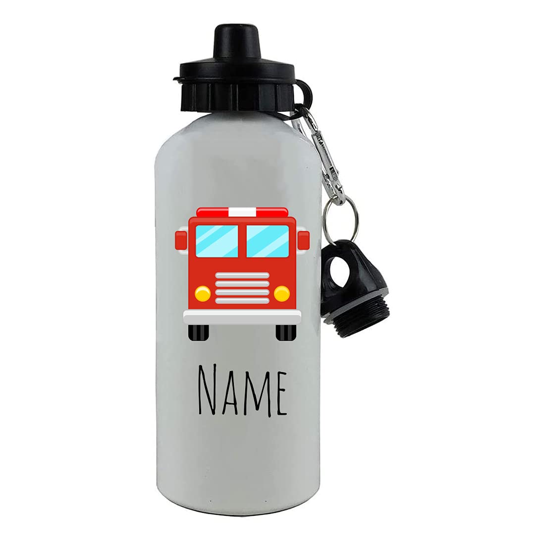 Personalized Custom Red Fire Truck Aluminum 20 Ounce Kids Summer Sublimation Future Fire Fighter Sport Water Bottle, 2 Lids (White)