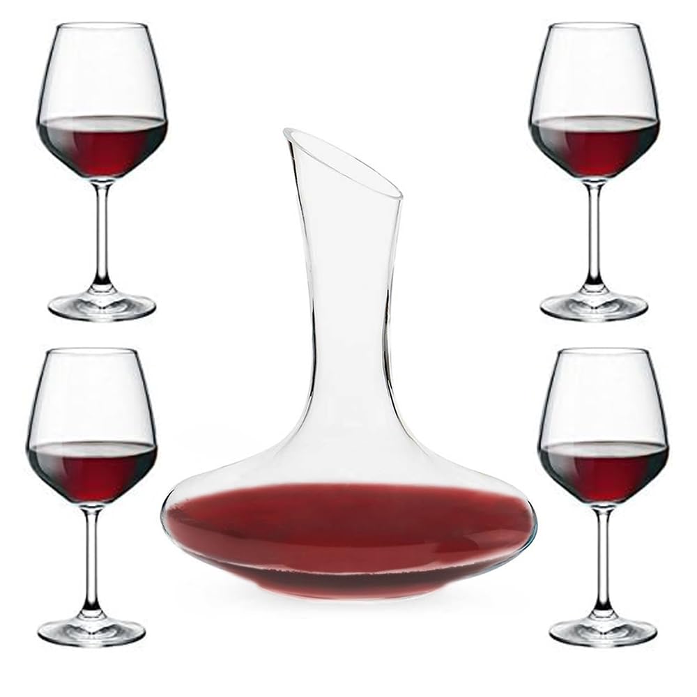 Set Regalo Decanter Da Vino 1,8L Con 4 Calici Da 42 Cl - Vetro Trasparente, Collo A Fischio - Ideale Per Sommelier Ed Enoteche
