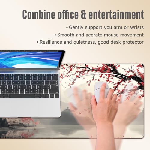 Extended Gaming Mouse Pad, Large Mouse Mat 3 mm Nature Rubber Base Mousepad with Stitched Edges, Non-Slip Desk Mat for Office Home Great Gift 31.5x11.8 Inch (Japanese Watercolor) - Image 6