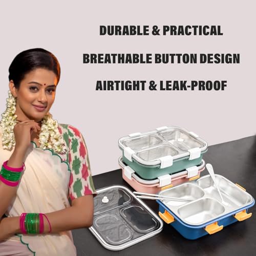 Image of Sanghariyat 3 Compartment Lunch Box Insulated Air Tight BPA Free Lunch Box, Stainless Steel 100% Leak Proof Lunch Containers with a Fork a Spoon and a Pair of Chopsticks for School Kids -750Ml (Blue)