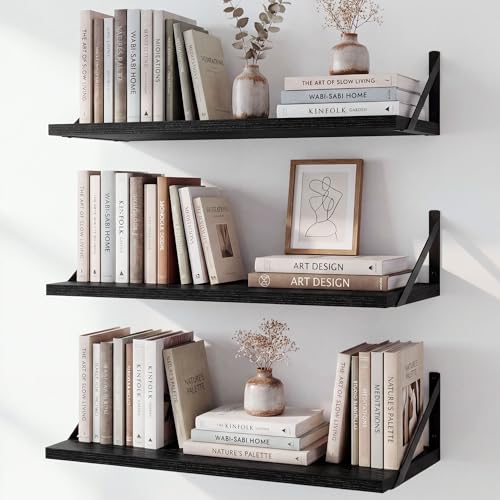 Image of Fun Memories Floating Bookshelves, Set of 3 Wall-Mounted Wood Shelves 24 inch W x 8 inch D, Decorative Wall Shelf for Living Room, Bedroom, Bathroom, and Laundry Room (Black)