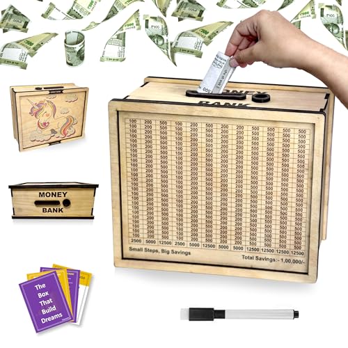Image of Sketchfab Money Saving Box for Adult 100000, Wooden with Savings Tracker Bank Kids, Smart Piggy Bank, Box, Coin Box,Gullak Saver,Piggy Rs100000 Home Deal Gift Man, Women (Unicorn Cream)