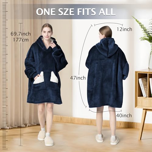 Touchat Wearable Blanket Hoodie, Oversized Sherpa Blanket Sweatshirt with Hood Pocket and Sleeves, Super Soft Warm Comfy Plush Hooded Blanket for Adult Women Men, One Size Fits All (NavyBlue)