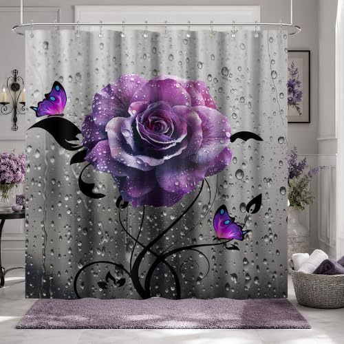puuiui Dark Purple Floral Shower Curtain Purple and Gray, 60x72 Inchs