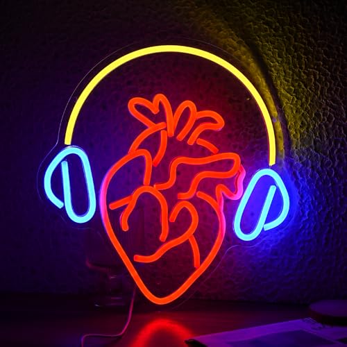 Image of Heartbeat Melody Neon Sign USB Heart LED Signs Headphone Music Neon Light Sign Wall Decor for Bedroom Bar Gifts for Musicians Lovers Gamers