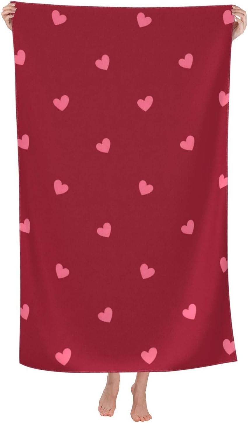 Red Heart Beach Towel Microfiber Soft Absorbent Oversized Large Valentine's Day Bath Towel Blanket Thin Quick Dry for Swim Pool for Adults Kids 30x60 in