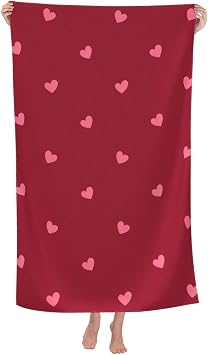 Red Heart Beach Towel Microfiber Soft Absorbent Oversized Large Valentines Day Bath Towel Blanket Thin Quick Dry for Swim Pool for Adults Kids 30x60 in