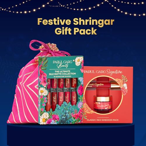 Image of Parul Garg Beauty Festive Shringar Gift Pack | Sindoor, 10-in-1 Silk Matte Lipsticks & Hot Pink Potli | Festival Gift Set for Women, Wife & Friends