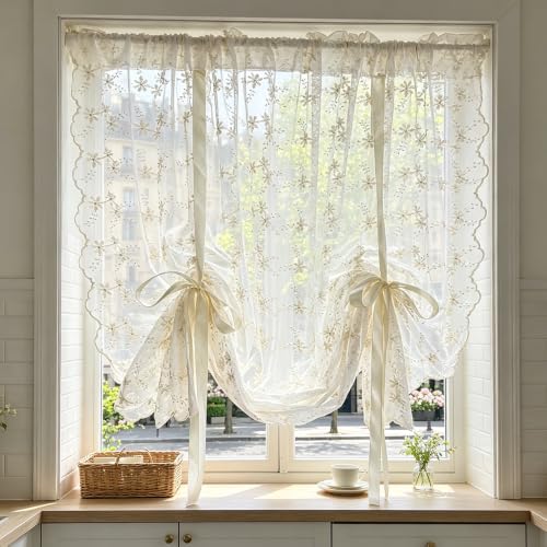 Beige Romantic Little Floral Woven Lace Tie Up Balloon Curtain for Kitchen