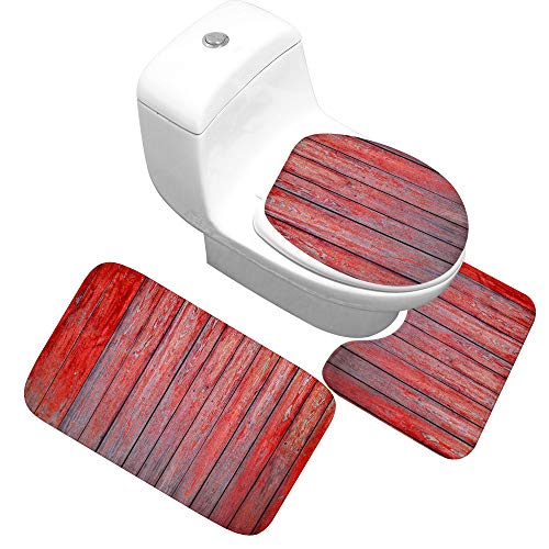 GRGFG Badematten Set,Badematten Teppich-Set 3-Teilig Rote Planken 3D-Druck rutschfeste Badematten Weiche Mikrofaser…