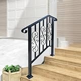 3-Step Outdoor Stair Railing: Black Wrought Iron Handrail for 2 to 3 Steps - Porch Stairs Hand Rail Railings Kit (1 Pack)