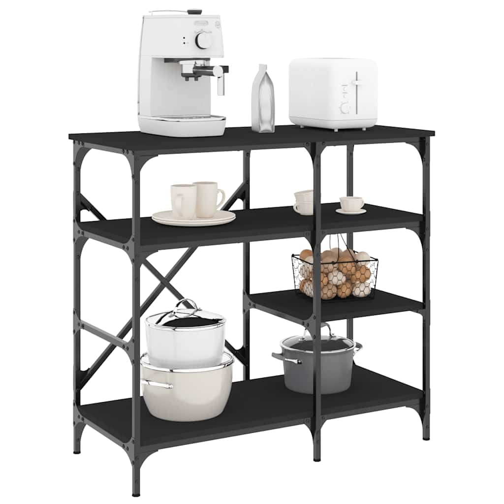 Bäckerregal Schwarz 90x40x84 cm Holzwerkstoff und Metall mit Ablagen, verstellbaren Füßen, Küchenregal für Arbeitsplatte, Aufbewahrung und Organisation von Kochbesteck und Küchenhelfern
