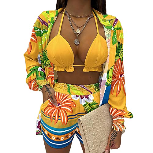 CCIGO Womens 3 Piece Outfits Floral Shirt Bra + Shorts