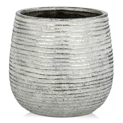 Image of Oairse Vintage Ceramic Plant Pot with Drainage Hole 13CM Textured Indoor Flower Planter with Silver Accents, Decorative Round Pot for Succulents, Herbs, Snake Plant, Home Office Decor