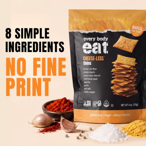 Image of Every Body Eat Gluten Free Crackers, Cheese-Less - Vegan Snacks, Dairy Free Cheddar Style Snack Crackers, Seed Oil Free (Pack of 6), 4 oz Bags