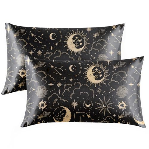 EXQ Home Satin Pillowcase for Hair and Skin Queen - Black Printed Silk Pillow Cases 2 Pack 20x...