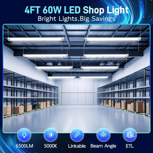 Image of hykolity 4FT Linkable LED Shop Light for Garage, 6500LM | 60W Utility Light Fixture, 5000K Daylight LED Workbench Light with Plug, Hanging or Surface Mount, White - ETL,4 Pack