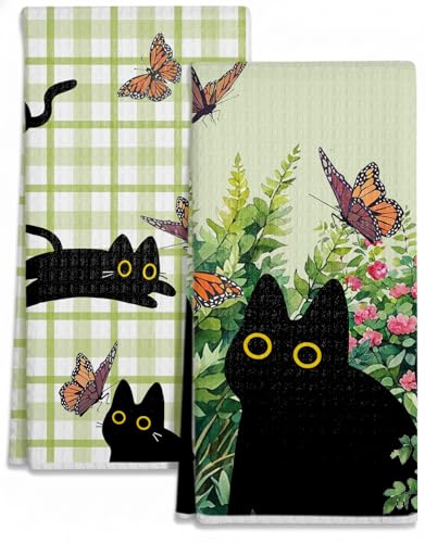 Ilexon Kitchen Towels Set of 2 - Cute Design 1826 Inch Dish Towels Black Cats Quick Dry Hand Towels Soft & Absorbent Home Decorative Terry Cloth Tea Towels (Black Cat)