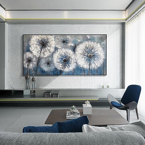 Image of Pogusmavi Dandelion Wall Art Blue Wall Decor Painting Living Room Plant Pictures Framed Paintings for Wall Decorations Artwork for Walls Dining Room Decor 29x58 Black Framed