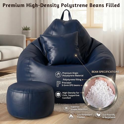Image of 6XL Jumbo Premium Bean Bag Chair with Footrest & Cushion | Filled with High Density EPS Beans | Comfortable Sofa for Living Room & Bedroom | 6 Months Warranty, Color- (NAVY BLUE, 6XL, Premium)