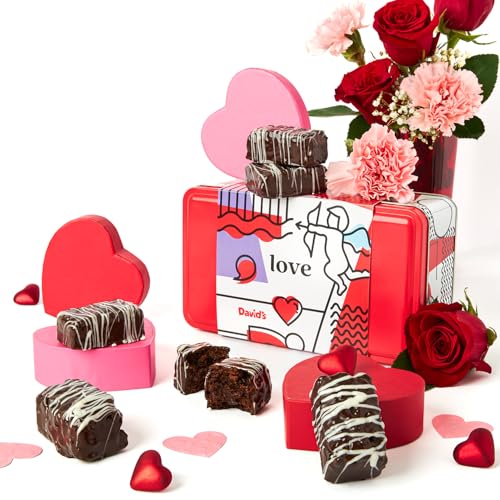 David’s Cookies Chocolate Covered Brownies in Love Sweet Sampler Tin – 8pcs Individually Wrapped Oven-Fresh Baked Brownie Bites Gift Tin Box - Gourmet Valentine's Food Gift for Her Him