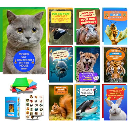 Imperial Designs 50 Animal Jokes & Fun Facts Cards FOR KIDS No Repeats (4x6) CAMP CARDS Bulk Greeting Cards With Envelopes and Stickers. Funny Note Cards for Parents Grandparents Teachers and More