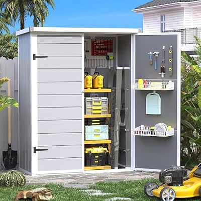 VONZOY 38Cu.ft Resin Vertical Storage Shed,Sturdy Plastic Construction,Waterproof Resin Outdoor Storage Shed with Reinforced Floor and Lockable Doors for Tool, Extra-Large Shed for Lawn(Grey)