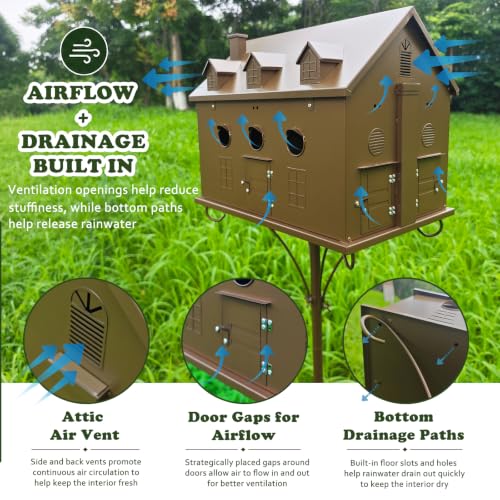 Image of Preassembled 6-Room Metal Birdhouse with Pole, 7-Prong Stake