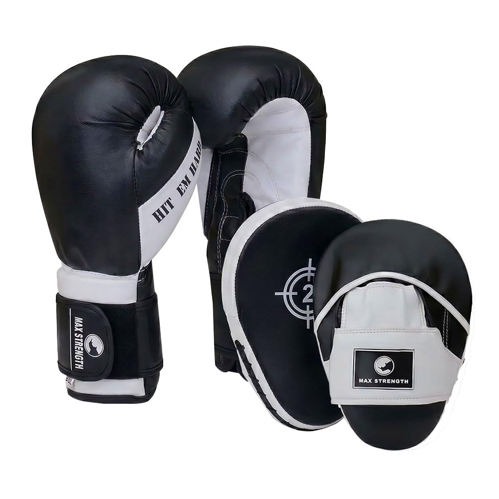 MAXSTRENGTH Boxing Gloves & Curved Focus Pads Set | Hook & Jab Punch Mitts for Boxing, Kickboxing, MMA, Muay Thai & Sparring – Strike Training Pad & Glove Set (10oz, Black/White)