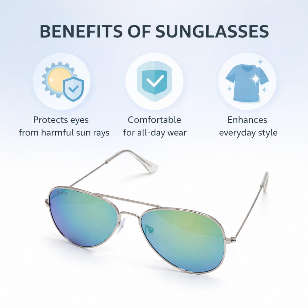 ROZIOR Kids Aviator Sunglasses for Boys & Girls (Age 4–12 Years) | UV400 Protection | Mirrored Blue-Green Lens | Lightweight Metal Frame | Stylish Outdoor, Travel & Daily Wear 1