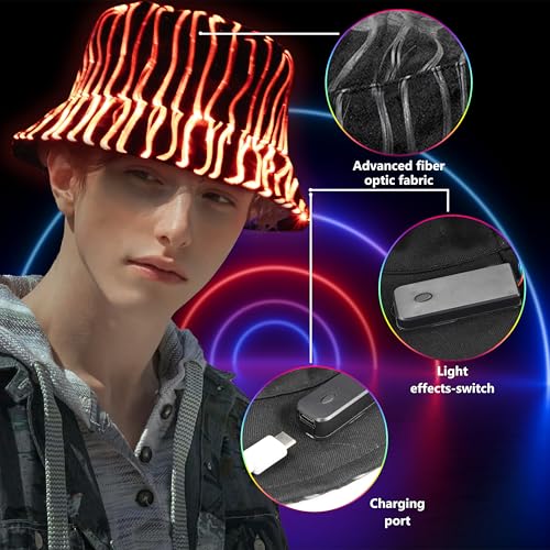 Image of Led Bucket Hat, Rave Led Hat 7 Colors, Neon Flashing Festival Gear, Light up Hat Rave Accessory, Funny Bucket Hat (US, Alpha, Large, Black)