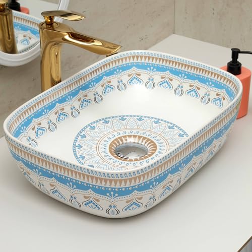 Image of Archstone Wash Basin for Bathroom -1 Year Warranty- Tabletop Washbasin - Ceramic Glossy Rectangle Designer Moroccan Countertop Vessel Sink, Dining Hall & Vanity 33x45x14.5 cm (Sky Gold Moroccan)