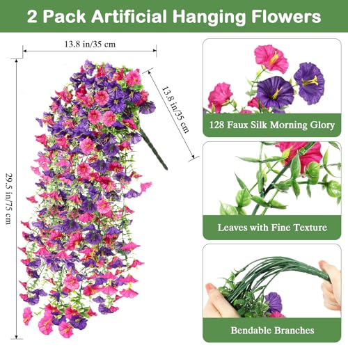 Image of Lewondr 2PCS Artificial Hanging Flowers UV Resistant Petunias, Mixed Pink | 29.5 inch Morning Glory, No Watering Needed, Fade Proof, for Porch Patio Yard Baskets, Spring Summer Decor, Indoor Outdoor Use
